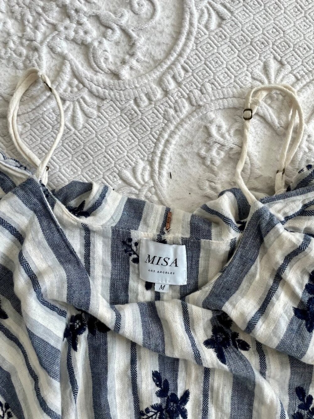 MISA Los Angeles Striped Floral Embroidered Summer Off-the-Shoulder Mini Dress M - Picture 9 of 11